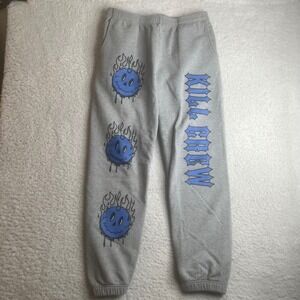 Kill Crew Mens Medium Grey Graphic Sweatpants Flaming Skull Blue gym Logo